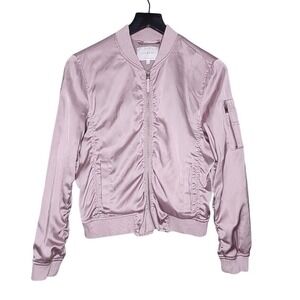 Lucky Brand Satin Bomber Jacket Mauve Pink Ruched Pockets XS